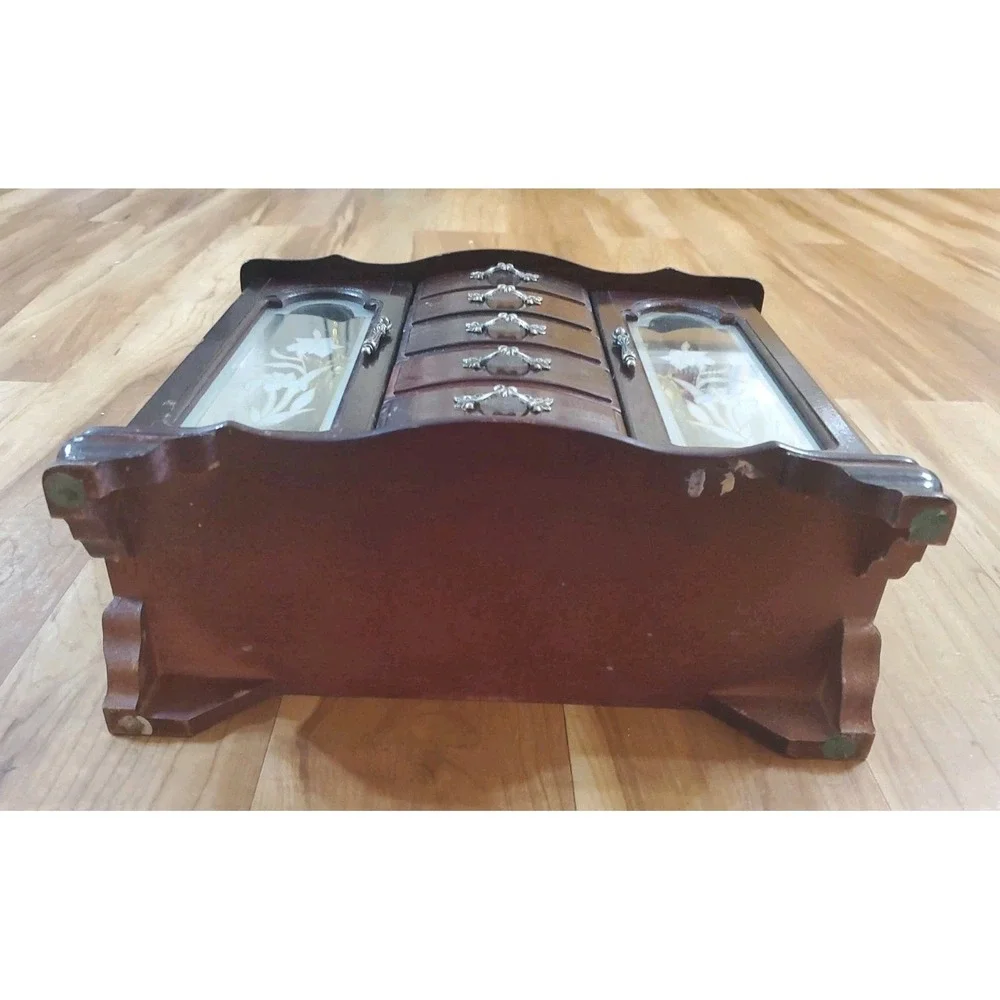 Vintage Wooden Armoire Style Jewelry Box Multiple Drawers FLAWED
